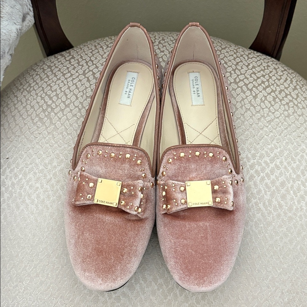 Cole Haan Grand OS Blush Velvet Loafers with Studded Bow Style Tali worn once